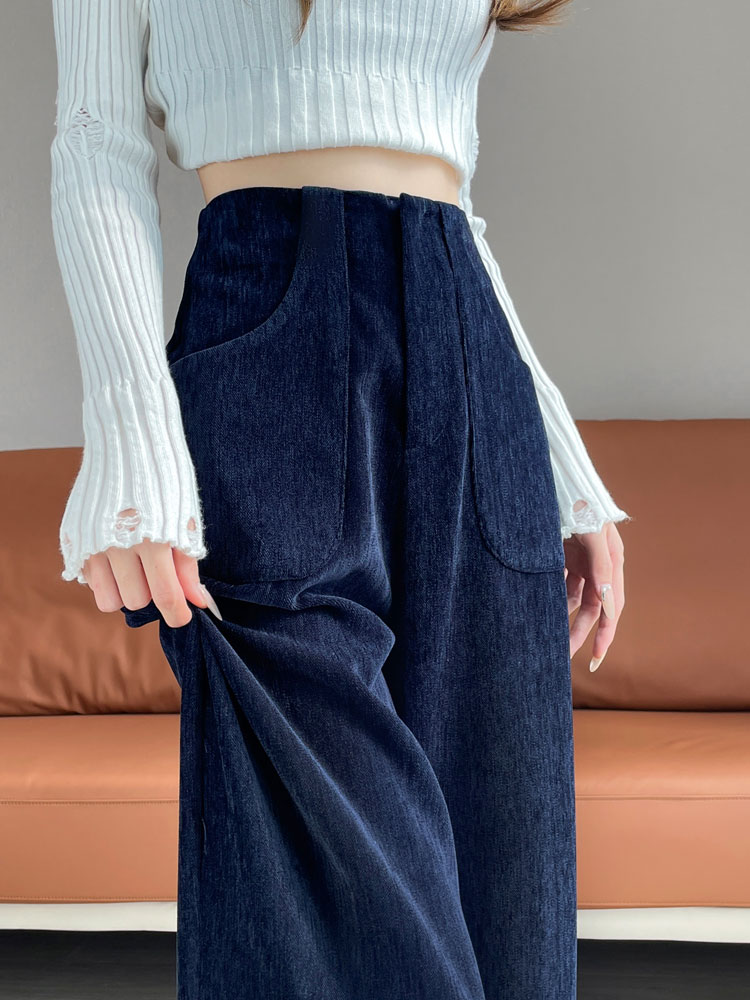 藏青色高腰窄版阔腿裤女2025年秋冬季新款垂感加绒直筒灯芯绒裤子