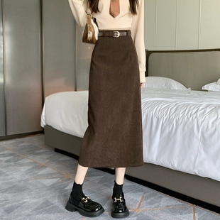 加厚灯芯绒半身裙女2025年秋冬新款高腰显瘦a字中长款开叉包臀裙