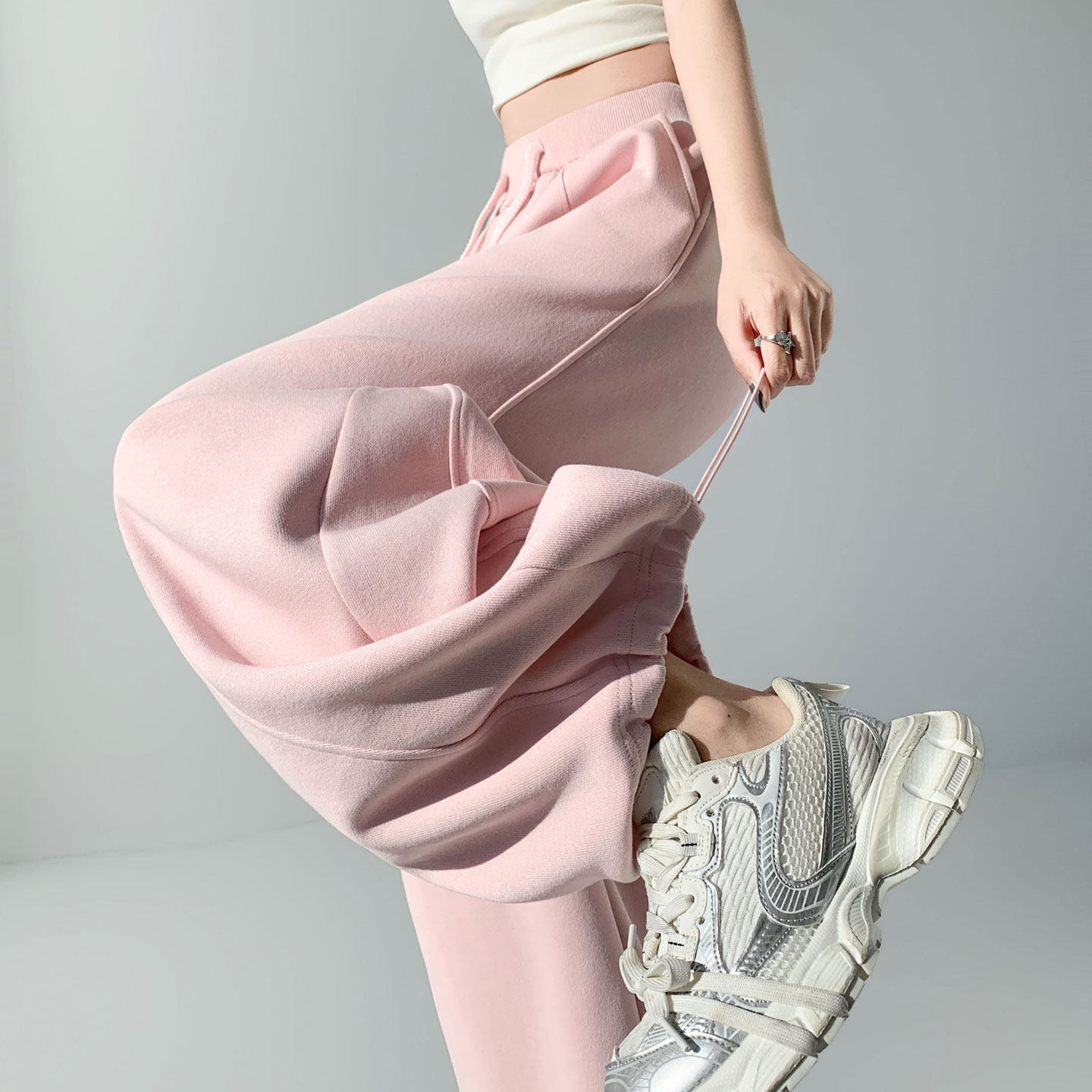 美式粉色弯刀阔腿运动裤女2026年春季新款高腰显瘦直筒休闲卫裤子
