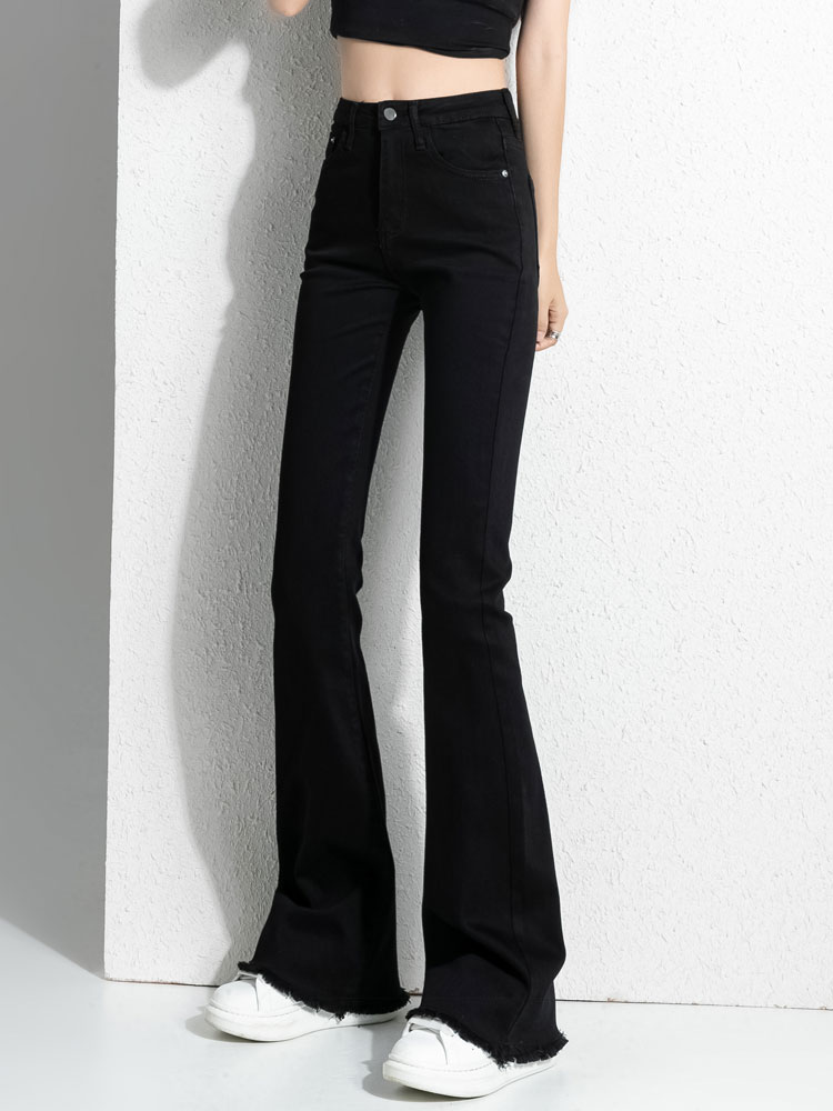 微喇弹力修身牛仔裤女2025年春秋季新款黑色高腰显瘦毛边喇叭裤子