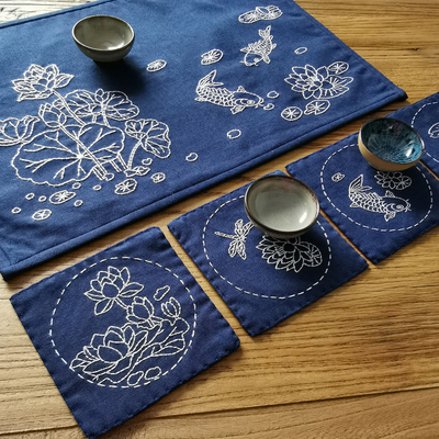 手工刺绣棉麻隔热茶席杯托材料包