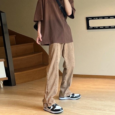 牛仔裤男修身开叉微喇裤欧美高街vibe裤子潮牌2025美式复古浅蓝色