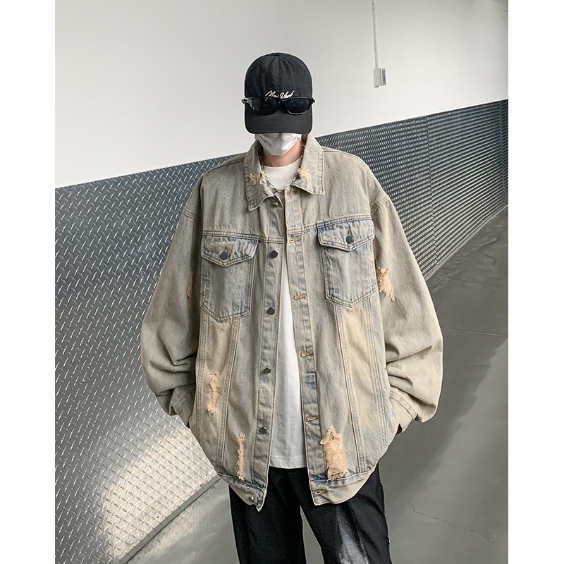 美式vibe高街复古做旧小众宽松工装夹克水洗破洞牛仔外套男春秋款