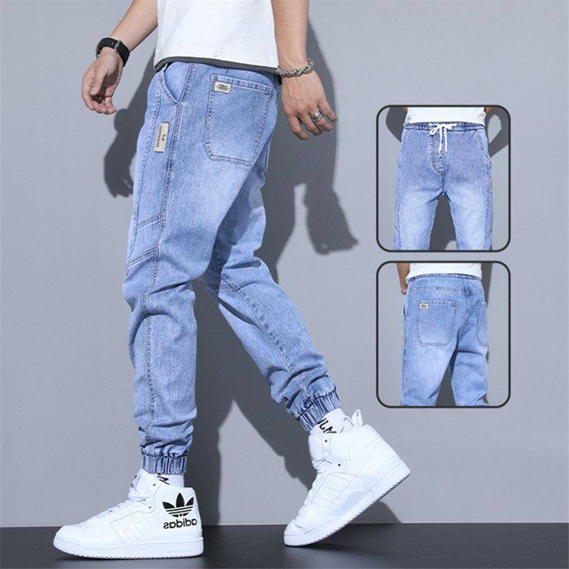 男士牛仔裤浅蓝色休闲哈伦弹力束脚工装潮牌网红九分长裤子春秋季,男装,牛仔裤,淘宝优惠券,粉丝福利购,淘宝优惠卷