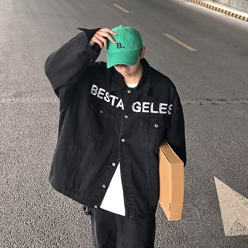 复古hiphop休闲夹克宽松潮流复古黑色牛仔外套男潮牌春秋季美式