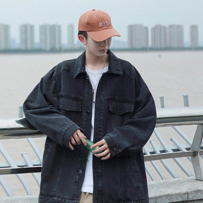 深蓝色牛仔外套oversize高街男春秋潮牌高级感牛仔衣夹克美式复古