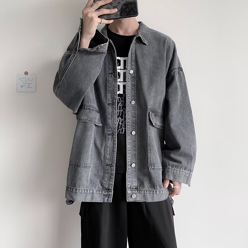 美式纯色简约口袋翻领蓝色百搭夹克春秋季韩版宽松牛仔外套复古,男装,牛仔外套,淘宝优惠券,粉丝福利购,淘宝优惠卷