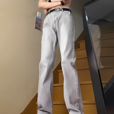 春夏宽松直筒九分裤微喇叭腰痞帅青少年潮牌时尚裤子浅色牛仔裤男
