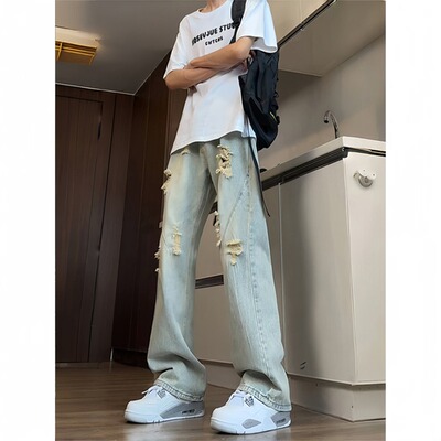 美式高街vibe破洞牛仔裤男夏潮牌痞帅炸街时尚裤子显高显瘦微喇裤