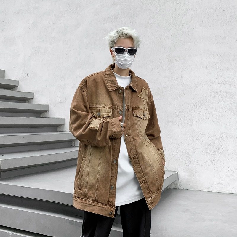 美式复古星星春秋季夹克男士潮流宽松日系复古纯色百搭青年外套男,男装,牛仔外套,淘宝优惠券,粉丝福利购,淘宝优惠卷