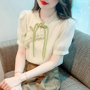 女设计感小众韩国chic夏季 中国风个性 衬衫 超好看短袖 钉珠盘扣上衣
