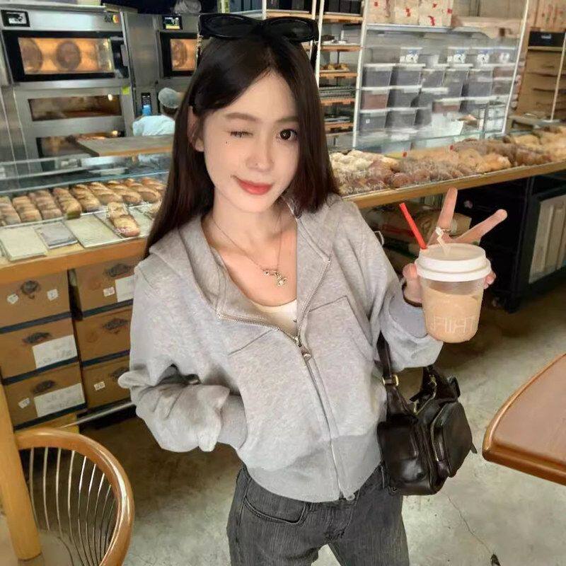 美式灰色连帽卫衣外套女早秋年新款Cleanfit拉链开衫短款上衣