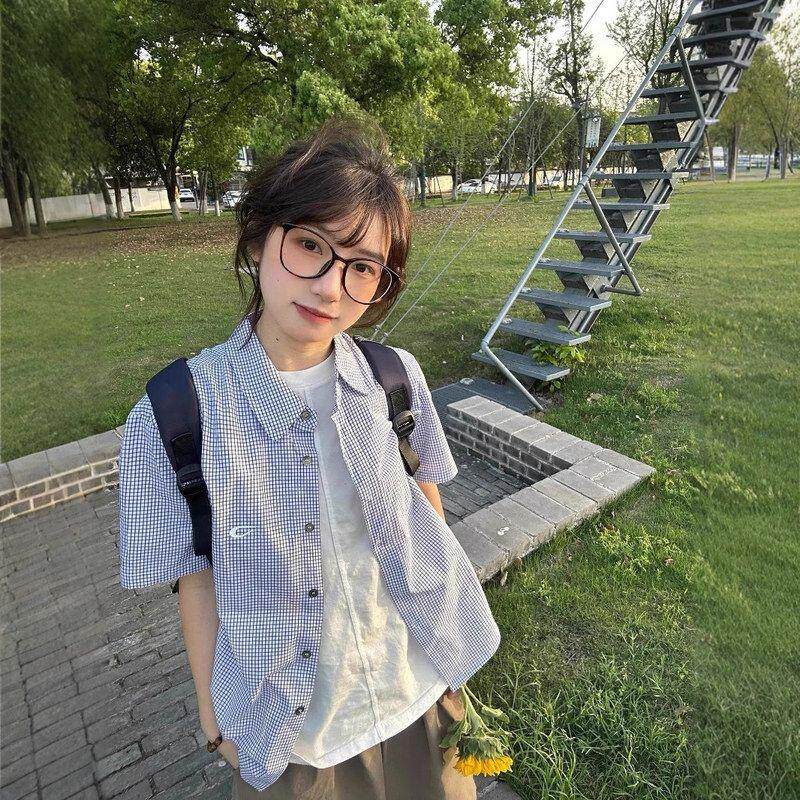 美式复古蓝色短袖格子polo领衬衫外套女夏季新款宽松情侣休闲上衣