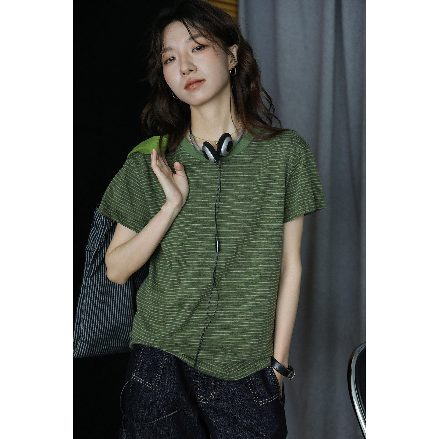 韩版复古条纹短袖T恤女宽