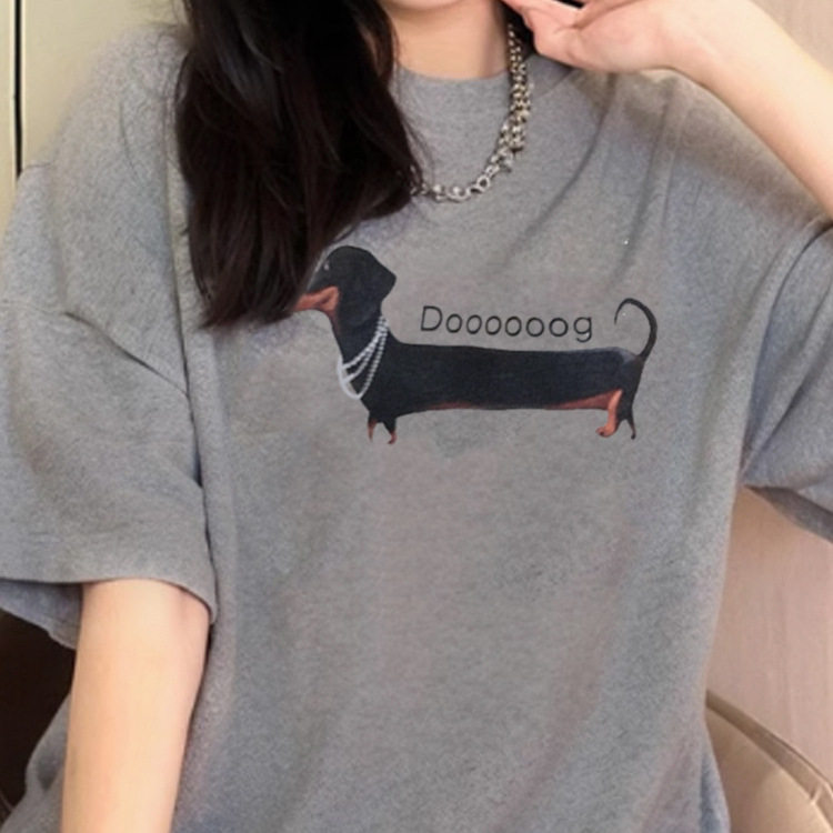 灰色圆领纯棉美式卡通腊肠狗印花短袖T恤女夏季新款休闲宽松上衣