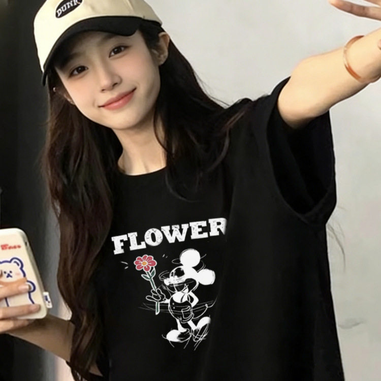 黑色圆领短袖T恤女夏季新款美式卡通米奇印花宽松休闲慵懒风上衣