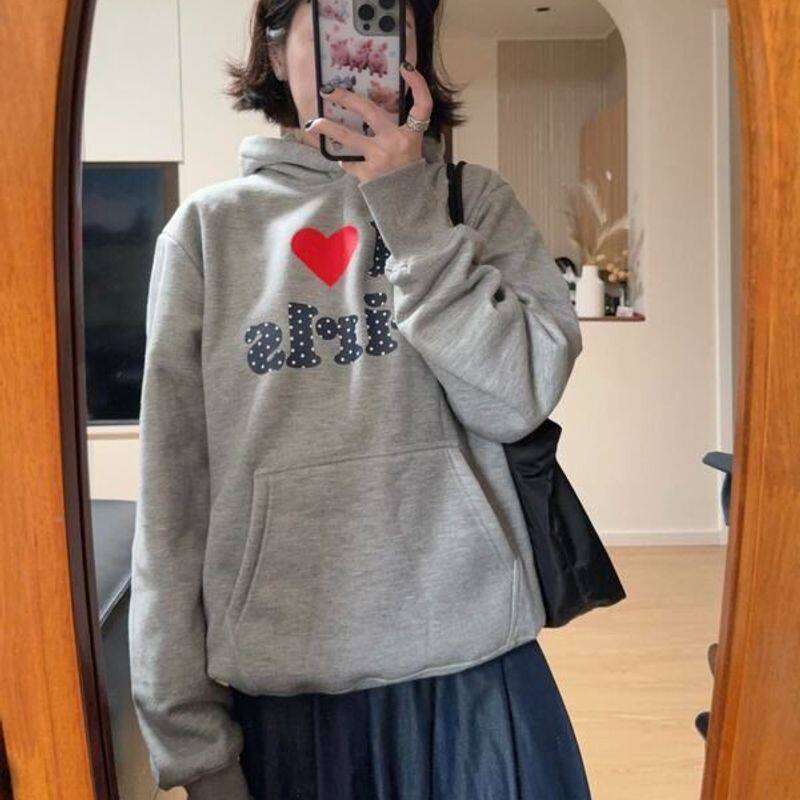 韩系慵懒风爱心字母灰色连帽卫衣男女早秋宽松休闲百搭上衣潮情侣