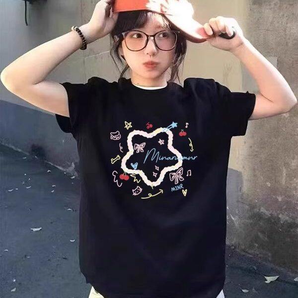 黑色正肩纯棉短袖t恤女夏季宽松慵懒风美式高街半袖设计感上衣服