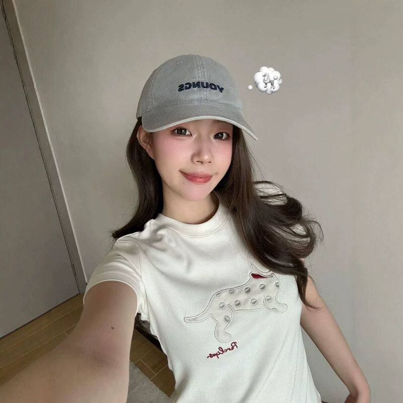 美式韩系甜美白色小狗刺绣短袖T恤女夏季修身别致独特漂亮短上衣