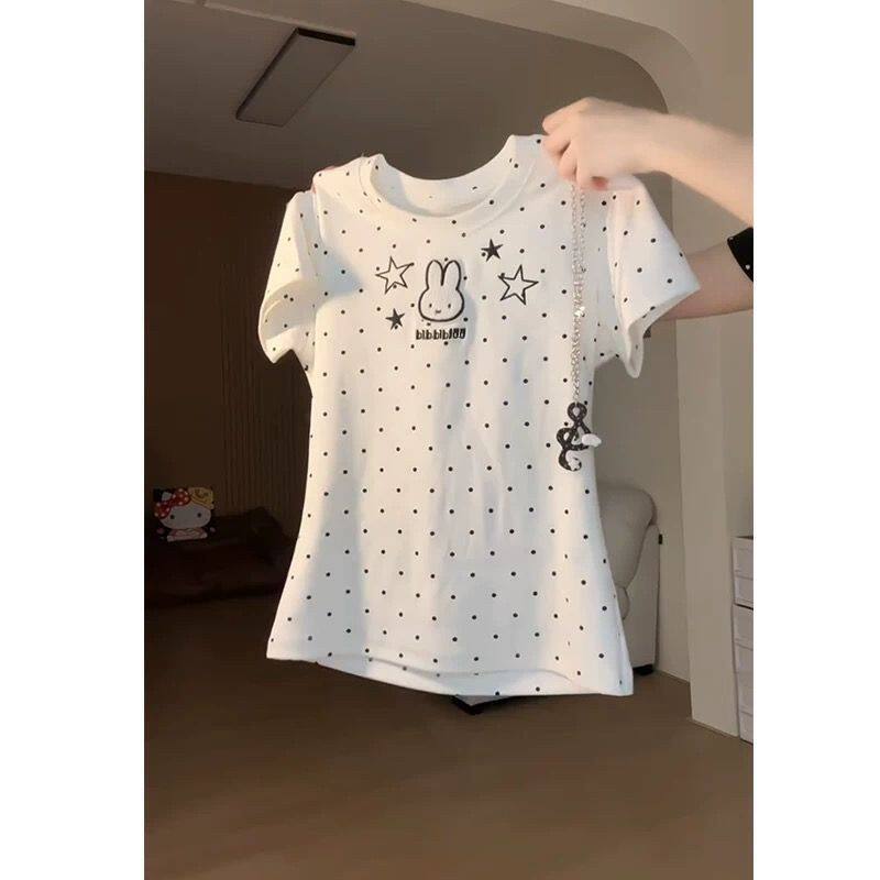 日系可爱甜美兔子刺绣波点正肩短袖t恤女夏季学生闺蜜修身上衣服