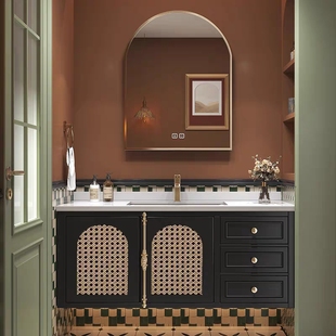 智能复古法式 藤编浴室柜组合壁挂洗手池洗脸面盆洗漱台卫浴柜定制