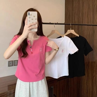 正肩纯棉V领t恤女短袖2025夏季新款宽松遮肉显瘦百搭弧形下摆上衣