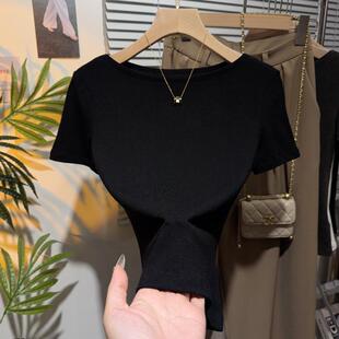 黑色纯棉一字肩短袖t恤女2026夏季新款修身百搭打底衫正肩上衣潮