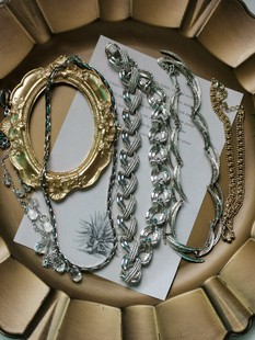 vintage中古回流项链颈链打标西洋古董古着合金水晶叶子钛钢7.28