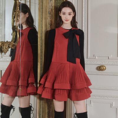 FLONAKED设计师红色静影双层压褶连衣裙小众设计