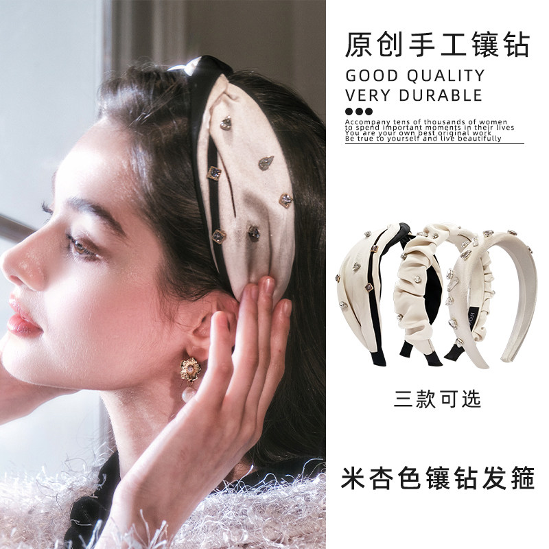 FLONAKED设计师米杏色带钻装饰撞色蝴蝶结宽发箍
