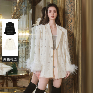 外套 口宽肩廓形西装 FLONAKED设计师杏色重工钉钻可拆式 鸵鸟毛袖