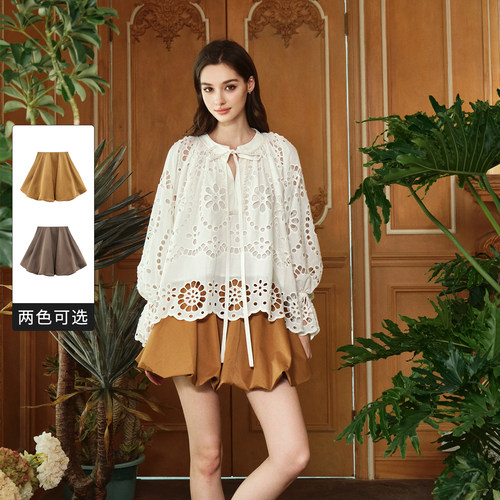【向涵之同款】FLONAKED设计师焦糖色/深咖色松紧腰花苞裤裙小众
