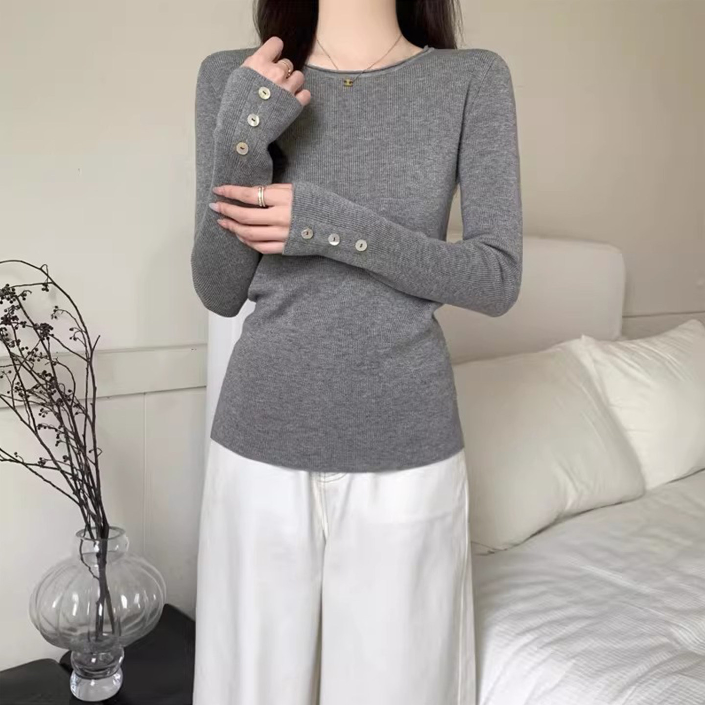 春秋冬韩版气质纽扣设计卷边圆领安迪绒打底针织衫内搭女外穿上衣