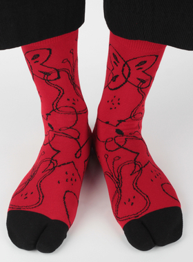 Knapfold蝴蝶图案秋冬分趾袜绿色中筒五指袜纯棉ins个性复古透气