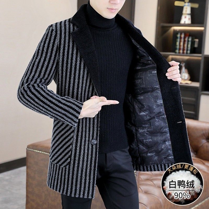 冬季毛呢大衣男中长款潮流修身痞帅条纹风衣高端加厚保暖羽绒外套