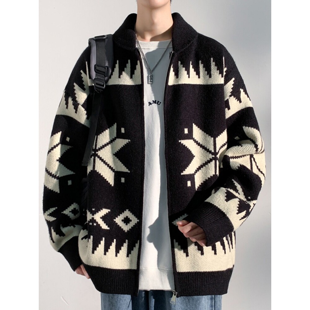 针织衫外套男士春秋冬新款美式宽松开衫毛衣男生潮牌休闲翻领夹克