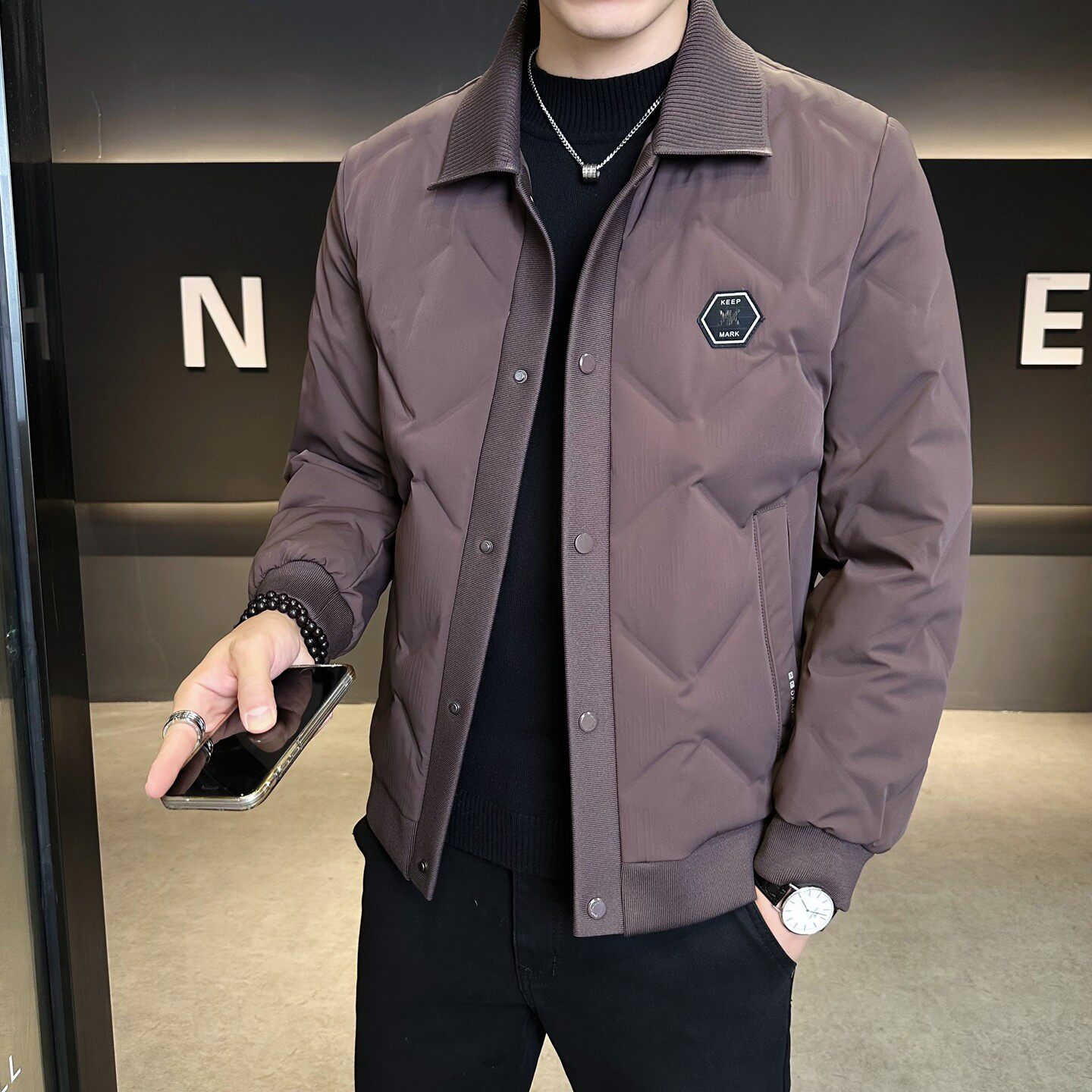 2025冬季新款翻领羽绒服男士拼接加厚外套高级感修身羽绒衬衣冬装