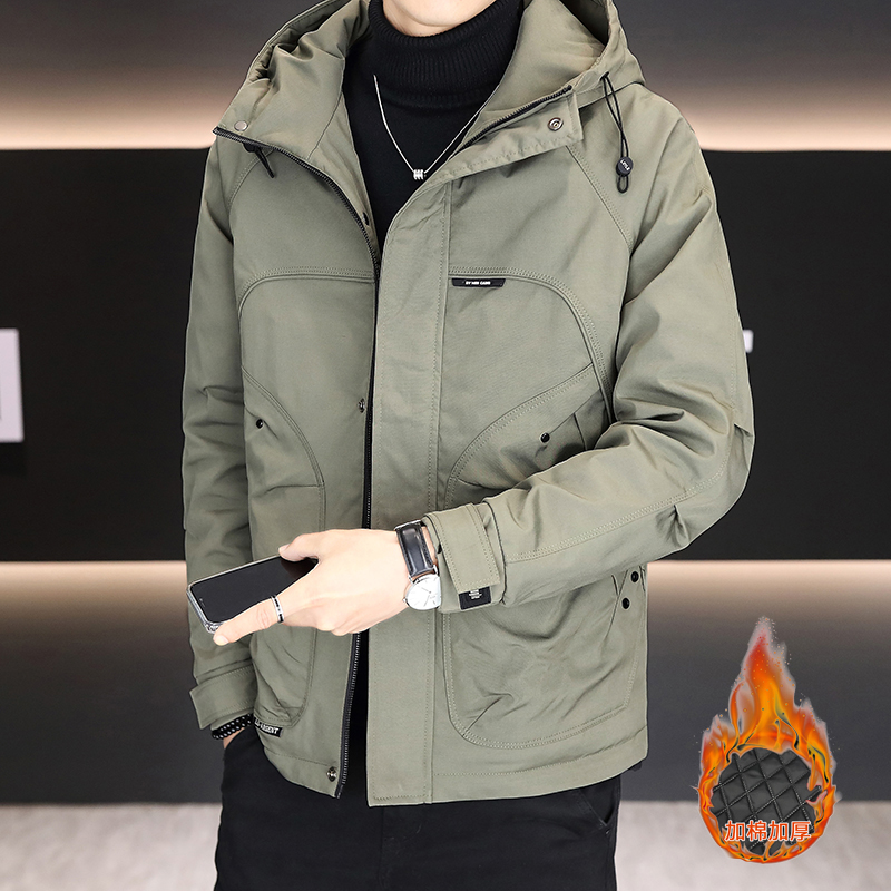 二棉外套男秋冬季2025新款潮流帅气连帽夹棉加厚冲锋衣工装夹克男