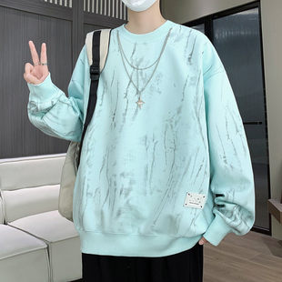 渐变色卫衣男款春秋季青少年潮牌痞帅粉色长袖t恤男生宽松上衣服