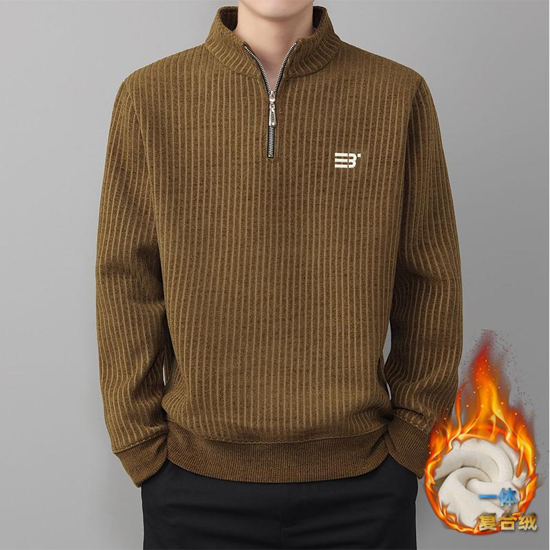 立领半拉链卫衣男款秋冬季加绒针织打底衫保暖上衣一体绒长袖T恤