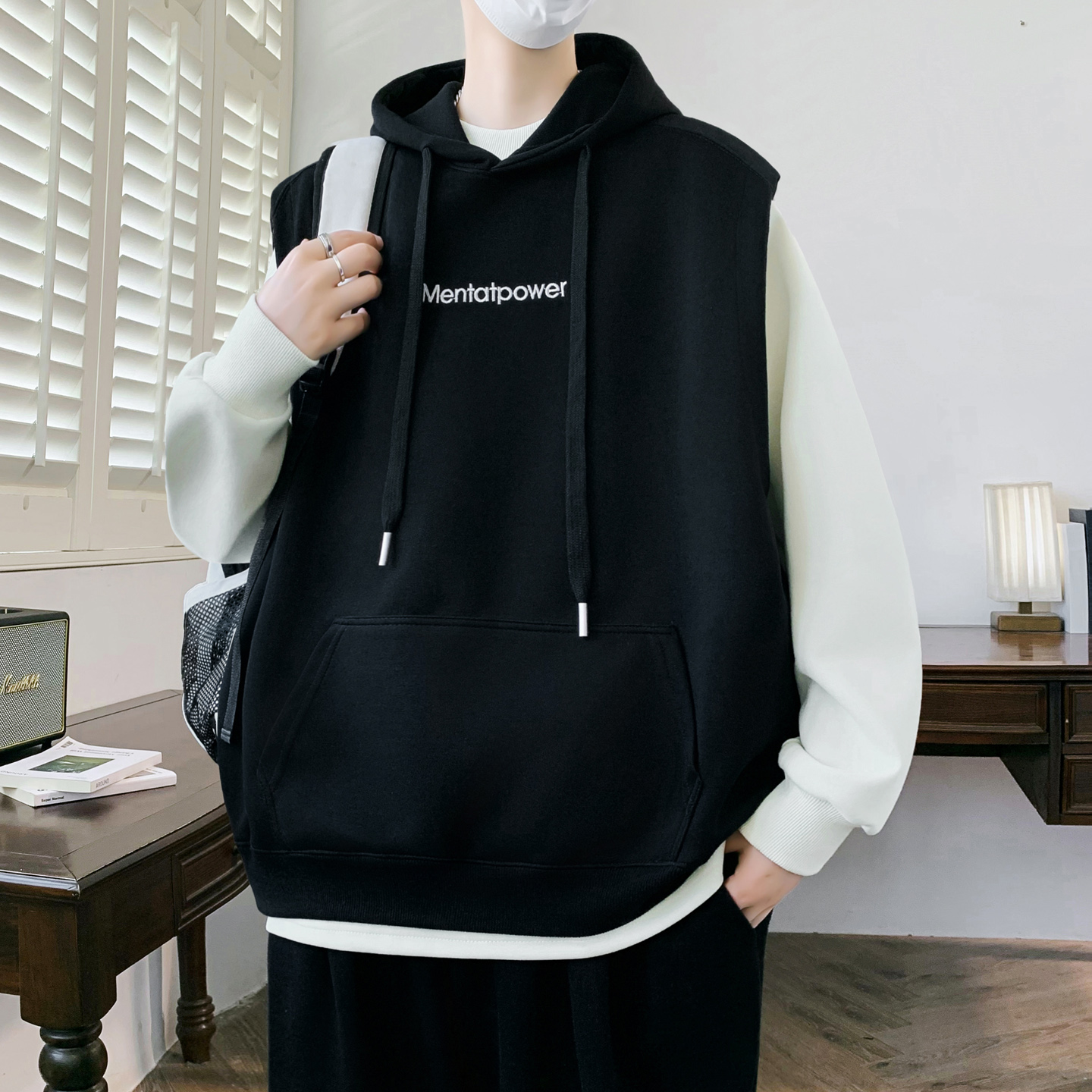 2025新款两件套青少年酷帅连帽卫衣男痞帅高级感叠穿无袖马甲套装