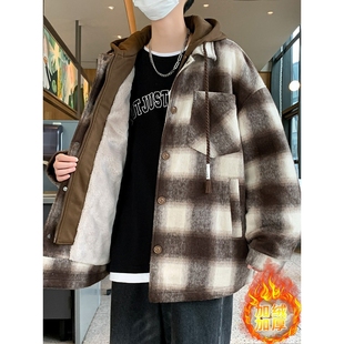 假两件外套男生秋冬新款宽松棉衣加绒加厚青少年学生格子毛呢夹克