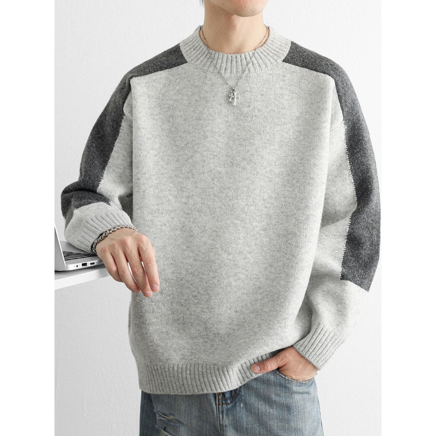 高级感原创拼色立领毛衣男秋冬保暖加厚插肩袖内搭打底针织羊毛衫,运动服/休闲服装,跑步套装,淘宝优惠券,粉丝福利购,淘宝优惠卷