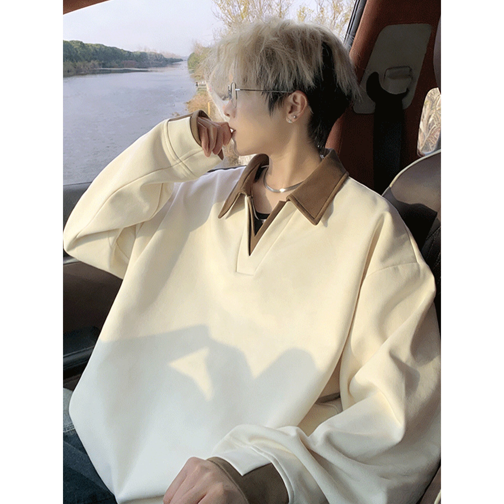 撞色V领假两件卫衣男春秋季新款美式宽松翻领Polo衫长袖加绒上衣