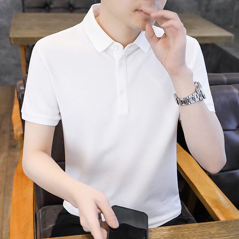 夏季纯白色短袖t恤男士潮流修身翻领半截袖薄休闲商务简约polo衫