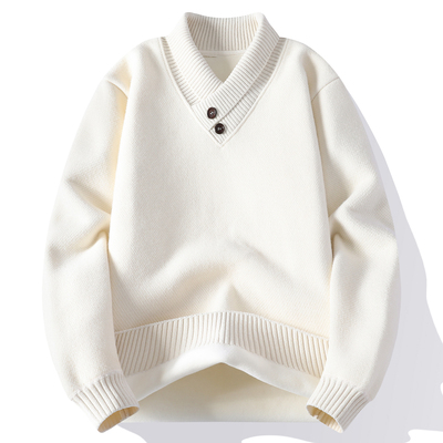 鸡心领男士毛衣秋冬季高级感潮牌叠领休闲V领加绒加厚针织打底衫