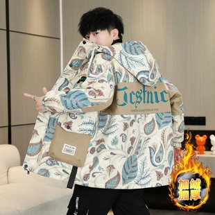 夹克外套男秋冬季2025新款加绒加厚宽松潮流工装百搭连帽潮牌上衣