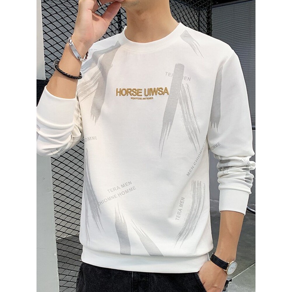 男士圆领卫衣春秋款潮牌打底衫早春季白色内搭长袖t恤男款上衣服