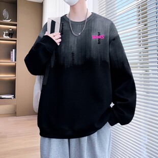 渐变色卫衣男款春秋季青少年帅气刺绣长袖t恤男装潮牌宽松上衣服T
