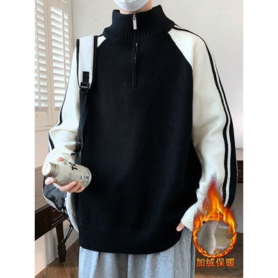 青少年半高领毛衣男生秋冬季半拉链加绒加厚学院风内搭针织打底衫